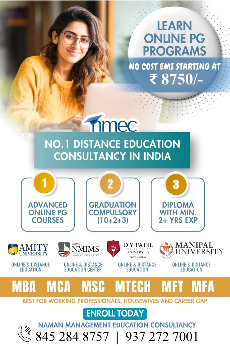 nmec_education's tweet image. No Cost EMI Starting at ₹8,750/-Enroll | Advanced Online PG Programs from Top UGC-Approved Universities 

📞 Call now: 8452848757 | 9372727001

#OnlineLearning #DistanceEducation #PGPrograms #MBAOnline #EducationForAll #mumbai #noidaonlineedcuation #educationconsultancy