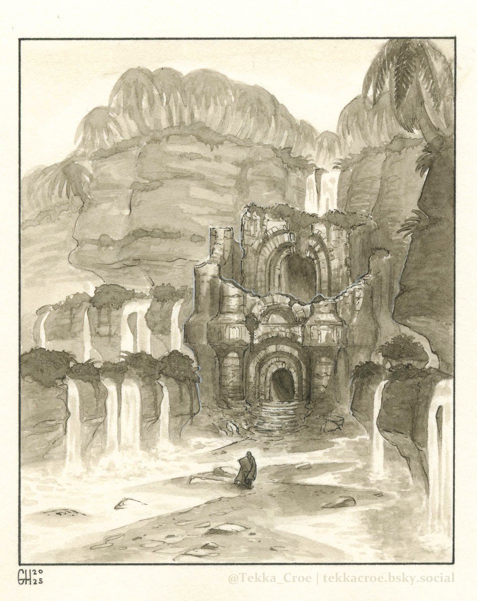 Inktober 27: Waterfall Gate
A truly vast complex burrowed into the cliffs.  The outer halls are well enough documented that local adventurers will sometimes practice their charting and navigation here.  The deepest halls remain to be seen.
#art #traditionalart #Inktober2025