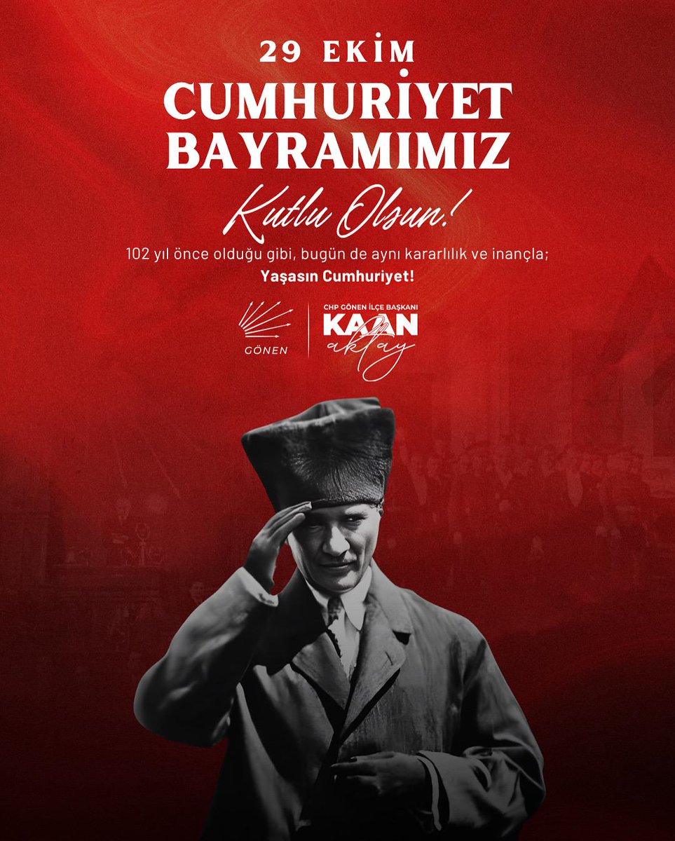 gonenicinchp's tweet photo. Cumhuriyetimizin 102. yılı kutlu olsun!
Bugün sadece bir bayram değil, özgürlüğün, eşitliğin ve halk iradesinin taçlandığı gündür.Gazi Mustafa Kemal Atatürk’ün kurduğu bu Cumhuriyet, bizlere aydınlığın yolunu gösteren en büyük eserdir.
Yaşasın Cumhuriyet, yaşasın halkın iktidarı! https://t.co/HiZxmgPBHA
