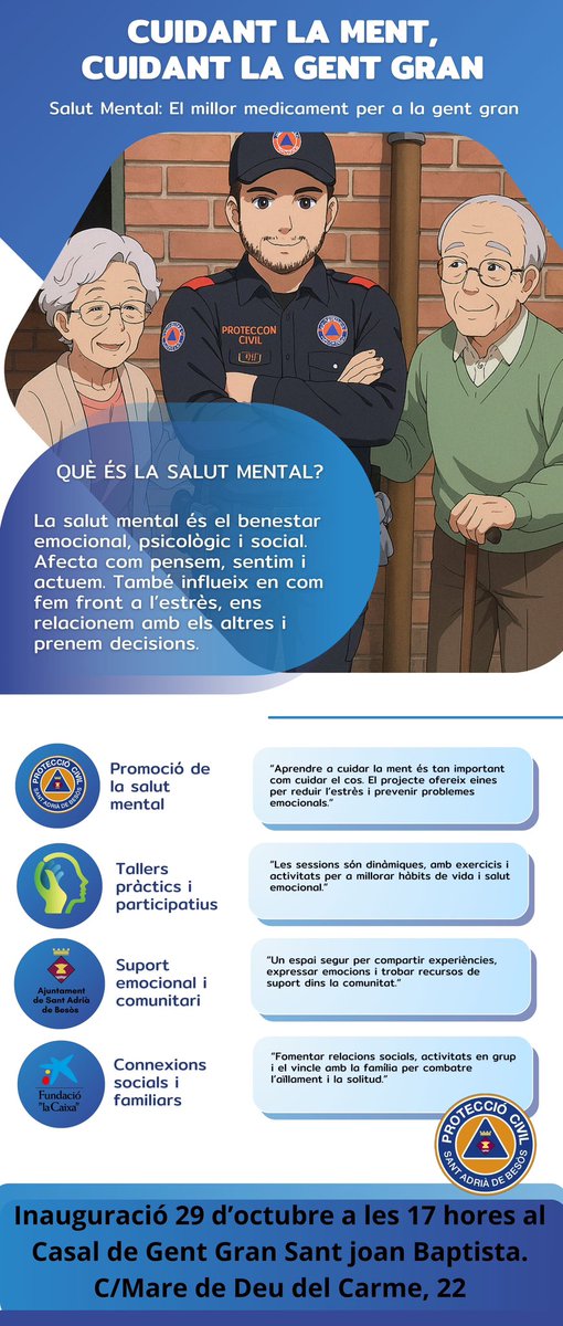 AdrianencaPC's tweet image. 🧠👵 Aquesta tarda a les 17 h, al Casal de Gent Gran Sant Joan Baptista, inaugurem el projecte “Cuidant la ment, cuidant la gent gran: el millor medicament per a la gent gran”. Us esperem per compartir aquest moment tan especial! 💙#SalutMental #Voluntariat @AjSantAdria