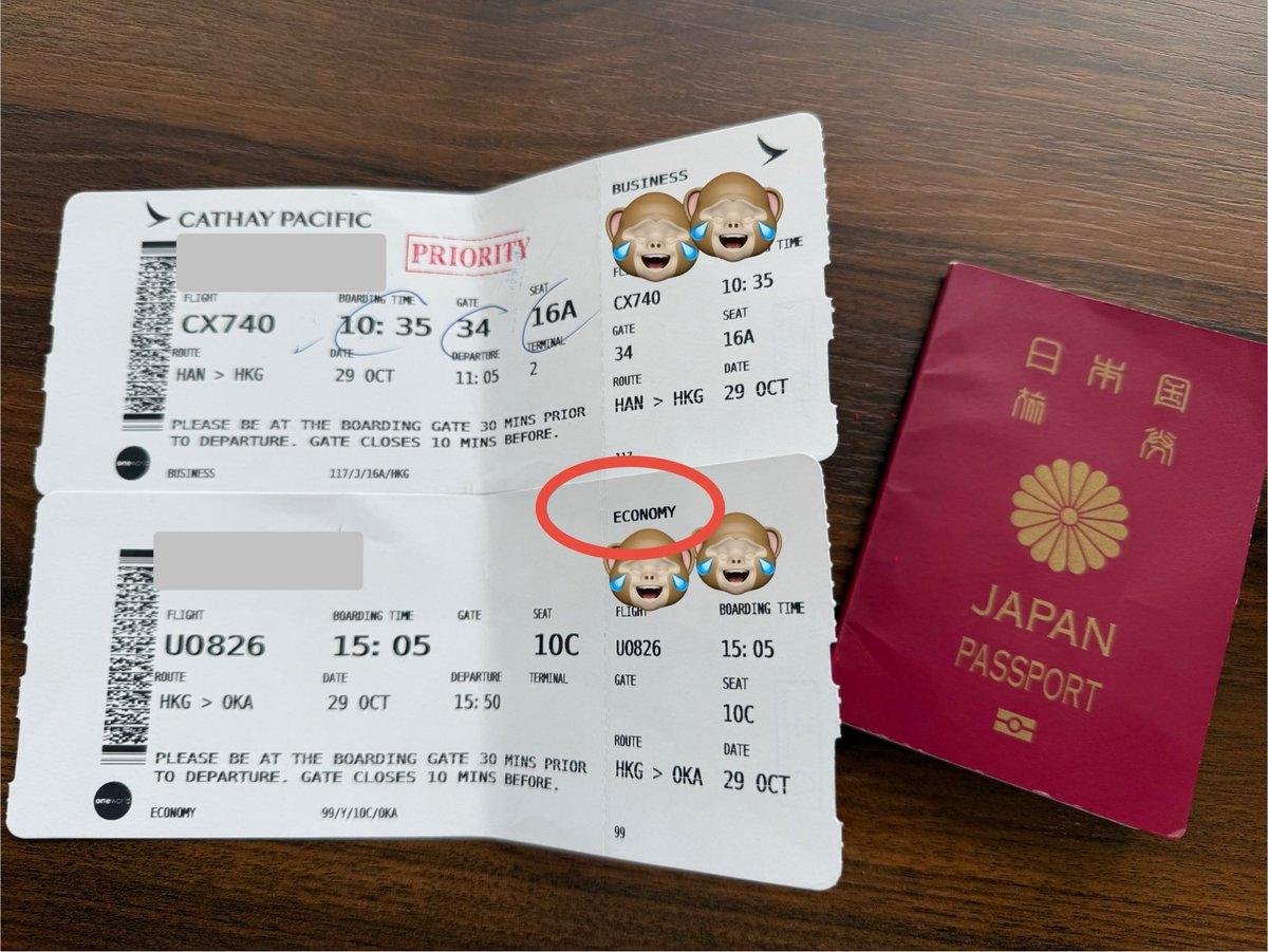 TOM_Japan_M's tweet photo. エクスペディアさんで買ったキャセイのビジネスクラスの航空券(4路線)。実態、なぜか2回のフライトはエコノミー😂

空港スタッフは、「香港エクスプレスとのコードシェア便の機材はビジネスクラス席が無い機体です」だって。

じゃあなんで僕はビジネスクラスの料金払ったの？😂誰か良い対処法教えて🙏🏽 https://t.co/qBRtETlB9k