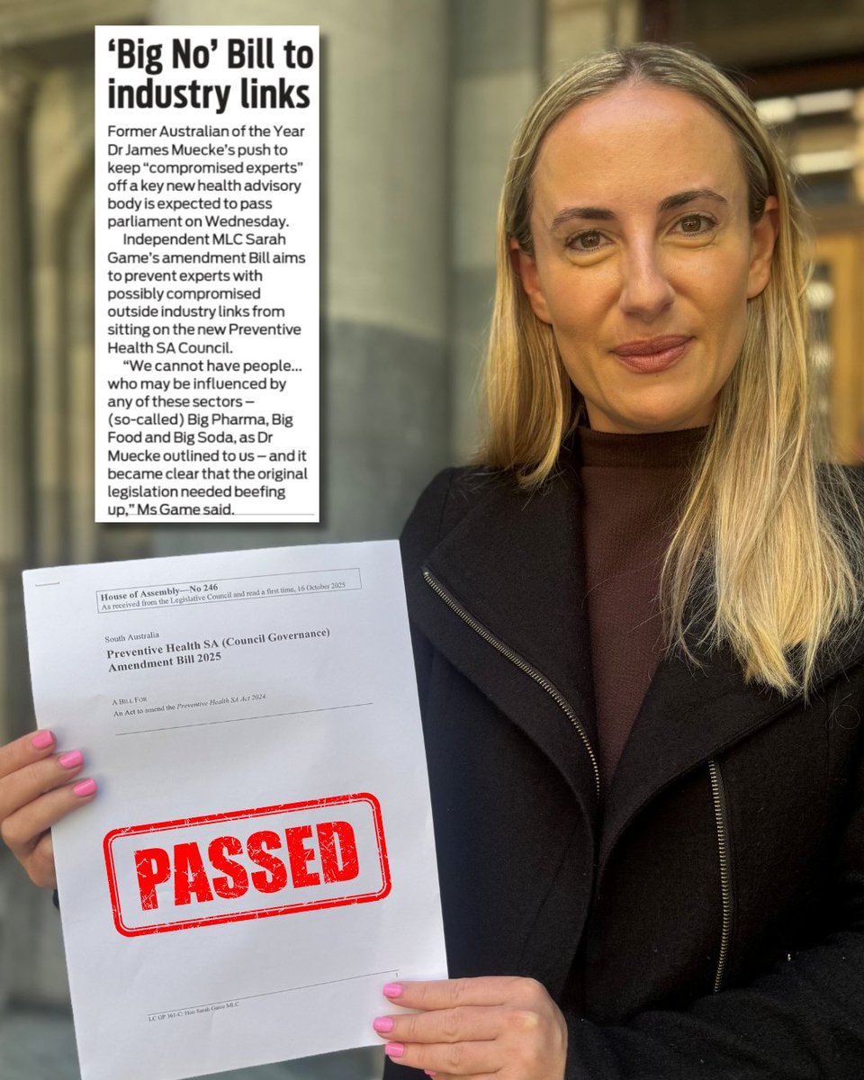 Thrilled that the chances of ‘compromised experts’ sitting on the SA Preventive Health Council have been extinguished – thanks to my amendment passing the Lower House today.

Informed by Australian of the Year, Dr James Muecke and Tim Jaeger, the Bill will prevent people