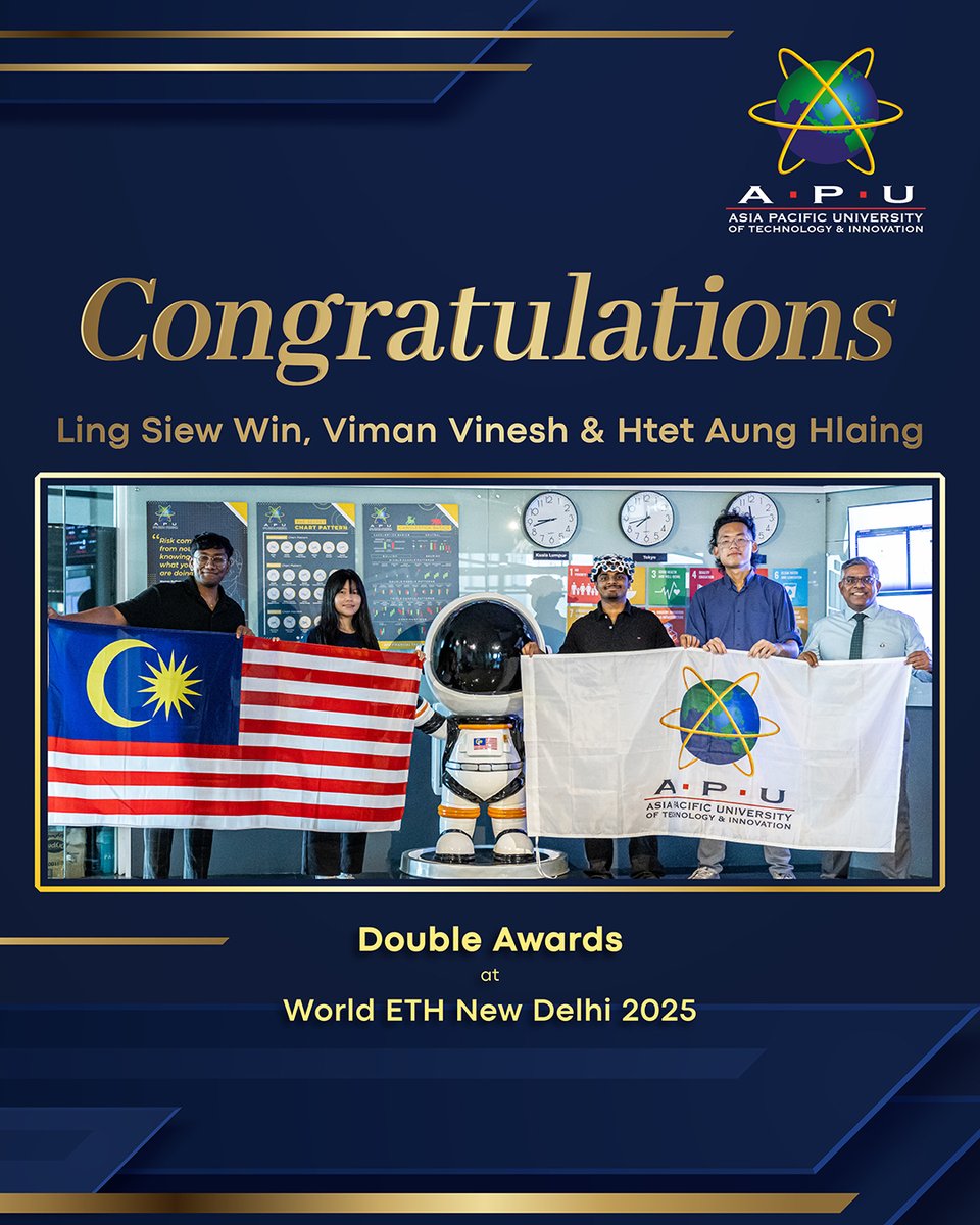 AsiaPacificU's tweet image. Double Win for APU at World ETH New Delhi 2025!

Our students’ project MOFO, earned two Third Place wins at the global hackathon, standing out among thousands worldwide! 👏

🔗 Read more: apu.edu.my/news/apu-stude…
#APU #ETHGlobal #AI #Blockchain #Innovation