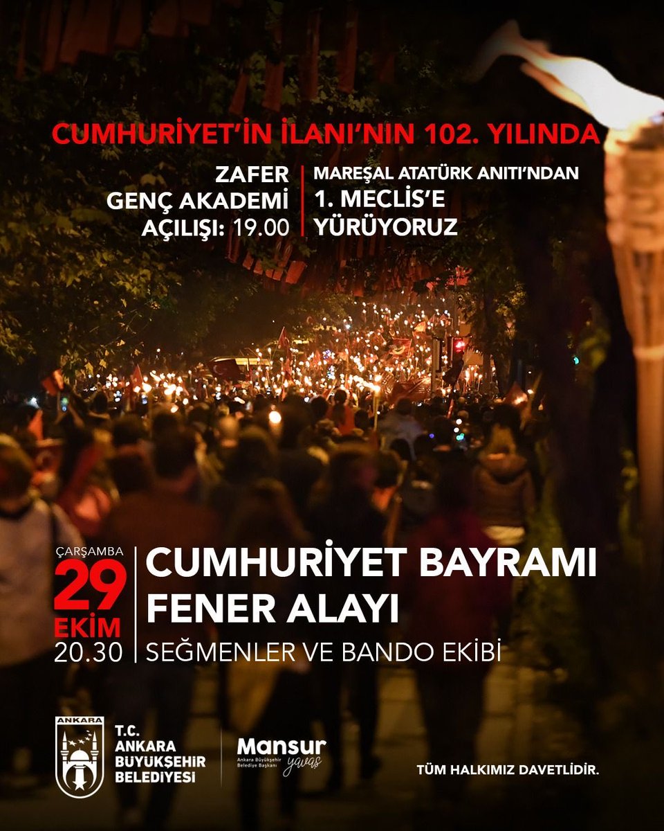 Cumhuriyetimizin ilanının 102. yılında, Başkent’in kalbinde buluşuyoruz. 🇹🇷

Mareşal Atatürk Anıtı’ndan 1. Meclis’e yürüyerek Cumhuriyet coşkusunu hep birlikte yaşamak için sen de aramıza katıl.

🗓️ 29 Ekim 2025, Çarşamba
📍 Zafer Çarşısı (Kızılay)
🕖 Zafer Genç Akademi Açılışı: