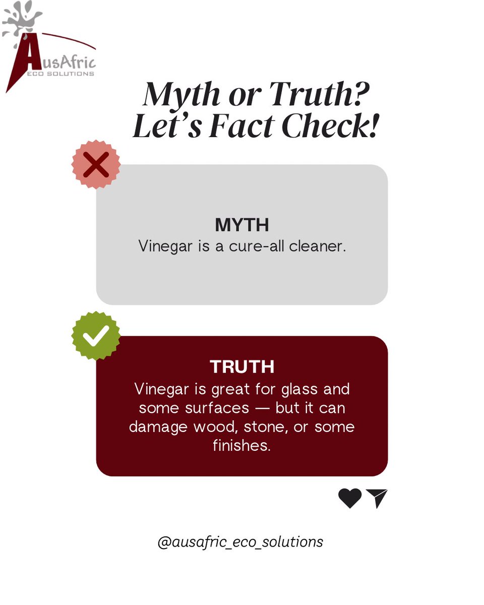 ausafric's tweet photo. At AusAfric EcoSolutions, we clean beyond the surface to give you a space that’s genuinely fresh and healthy. 💧
📞 Call/WhatsApp 0100 080 800 to book your deep clean today.

What other cleaning myths have you heard out there!?
#AusAfricEcoSolutions #MythVsFact #CleaningMyths #HealthyHome #DeepCleanKenya #EcoFriendlyCleaning #WeCleanYouRelax #SanitizedSpaces #NairobiCleaners