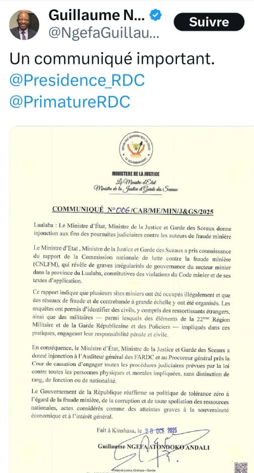 Notre organisation salue ce communiqué du ministre <a href="/NgefaGuillaume/">Guillaume Ngefa</a> publié à la veille de l'ouverture de la 9ème alternative mining Indaba à Lubumbashi. Le seul défi à relever reste l'interférence politique qui risque de bloquer l'établissement des responsabilités dans ce dossier.