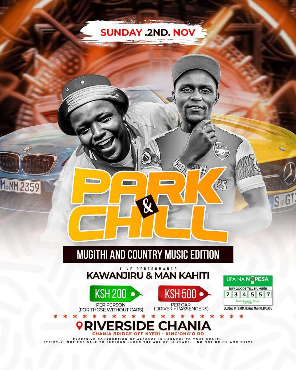 Park &amp; Chill Mugithi and Country Music this Sunday at Riverside Chania! 🎶
Come enjoy great vibes, traditional Kikuyu food, and drinks (including Muratina). Don’t miss out!