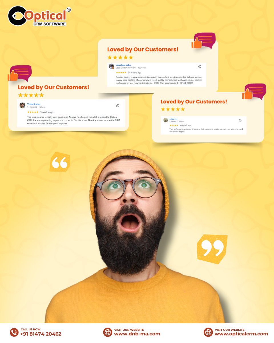CrmOptical's tweet image. Real reviews. Real results. Real love. ❤️
That’s Optical CRM - trusted by 6000+ optical stores.

🎉 Get A FREE Demo Today!

📲 Call/WhatsApp: +91 8147420462
🌐 Visit: opticalcrm.com
.
.
#dnbmmultiappsllp #opticalcrm #happycustomers #trustedbyopticians #reviews #Ads