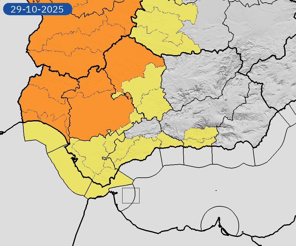 29/10 08:36 AVISOS HOY | Andalucía: lluvias, vientos, tormentas y costeros. Nivel máximo de aviso: naranja.
Actualizaciones en aemet.es/es/eltiempo/pr…