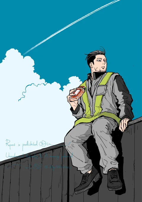 休憩中整備士 似たような構図続けてすみません「青空と飛行機雲の下の尾」を合法的に描けると聞いたので…