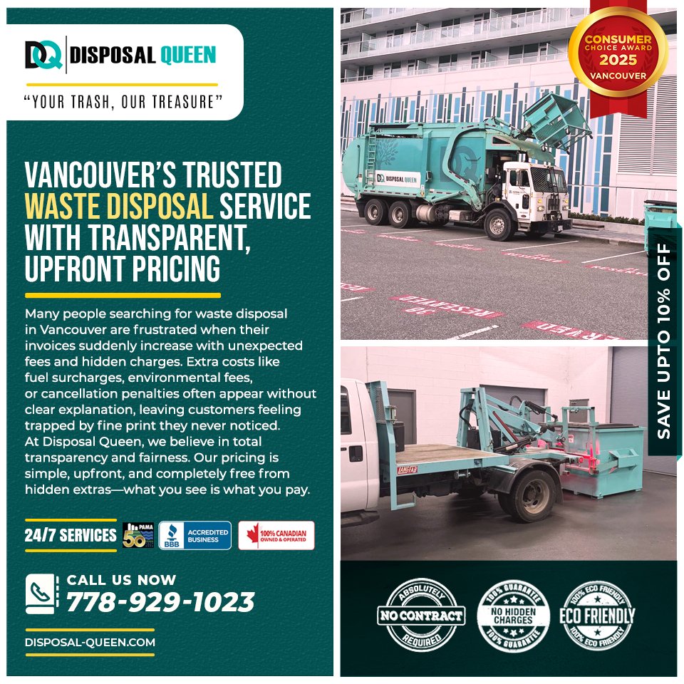disposal_queen's tweet image. Many people searching for waste disposal in Vancouver are frustrated when their invoices suddenly increase with unexpected fees and hidden charges.

To know more, please visit us at: disposal-queen.com

#DisposalQueen #VancouverWasteDisposal  #UpfrontPricing #NoHiddenFees