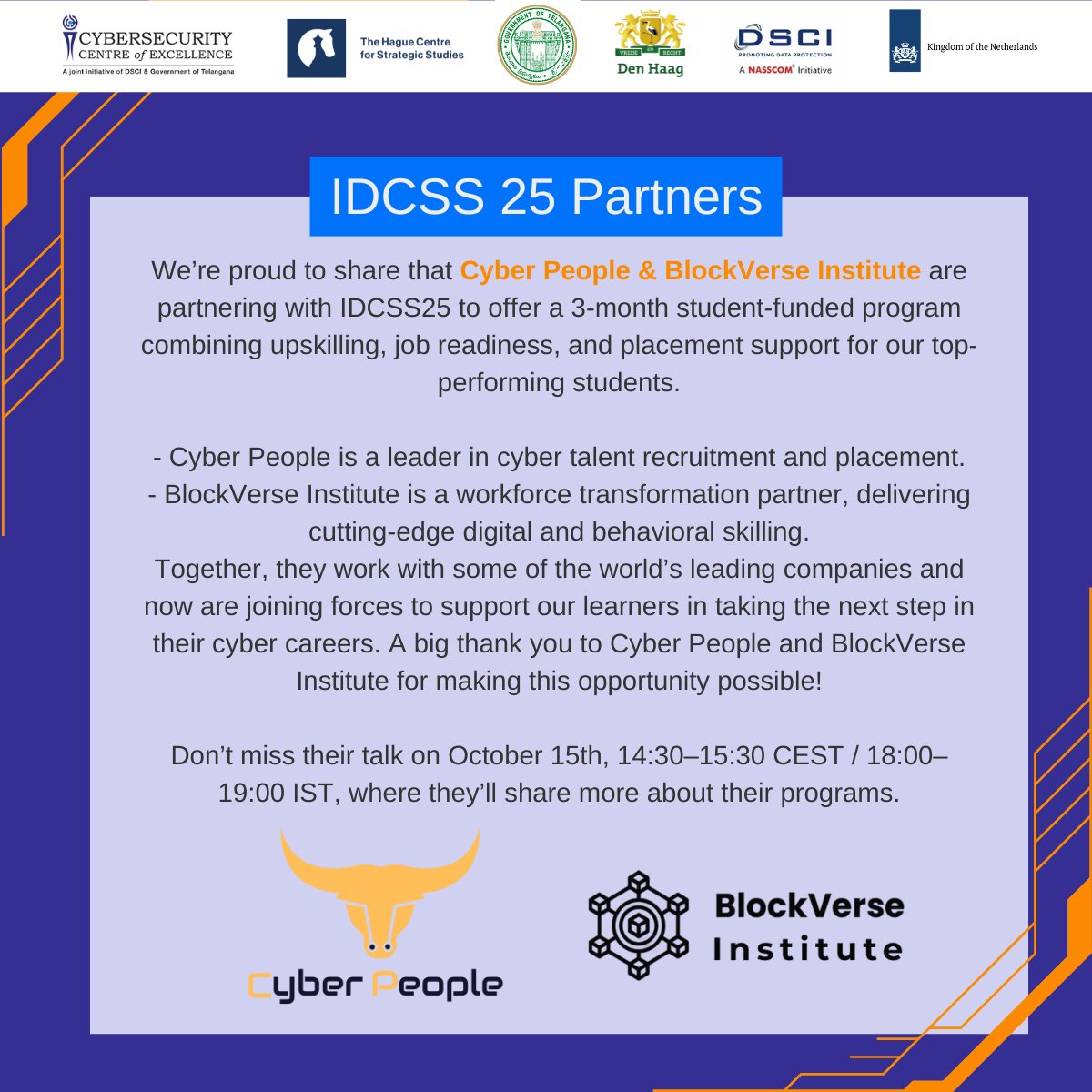 IDCSS25's tweet image. A new IDCSS25 Q&amp;amp;A session is scheduled for today! 
The Q&amp;amp;A Session of today is ‘Cybersecurity Career Pathways’ by Khushboo Sehgal (Cyber People) &amp;amp; Gaurav Gupta (BlockVerse Institute). They have a great opportunity for IDCSS participants, so make sure you don&apos;t miss this Session!