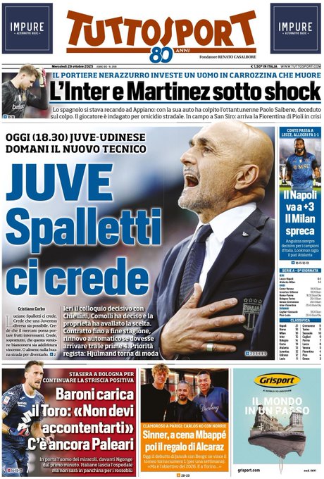 Newspaper front page from TuttoSport dated Wednesday 29 October 2025 featuring bold headlines in Italian about Juventus coach Spalletti believing in the team with photos of Spalletti in suit and team images Inter Milan news on goalkeeper incident with Sommer photo Torino match preview with Baroni and players Napoli victory over Lecce with Anguissa highlighted AC Milan draw and tennis section with Sinner and Alcaraz mentioned surrounded by ads and smaller articles on Fiorentina crisis and other sports.
