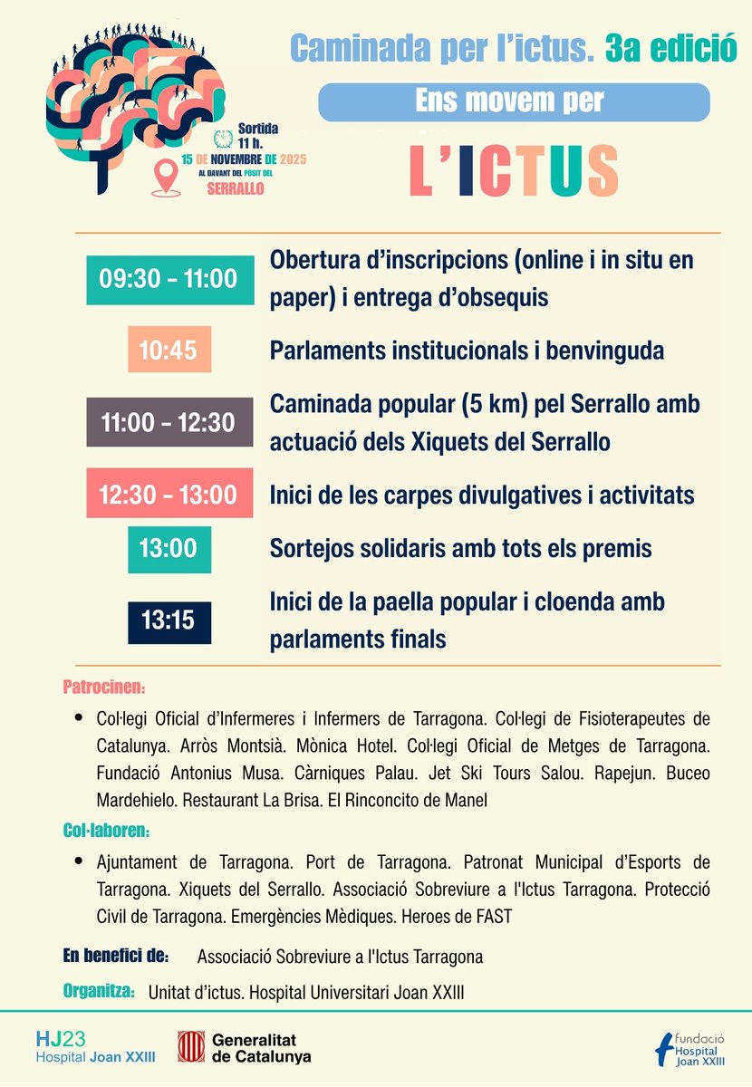 🧠 Coincidint amb el Dia Mundial de l’#Ictus, presentem la III Caminada per l’Ictus, que se celebrarà al Serrallo el 15 de novembre.
Una jornada lúdica, solidària i saludable per promoure la salut cerebral i la vida activa 💙

🎟️ Inscripcions gratuïtes 👉 ja.cat/2IE4b