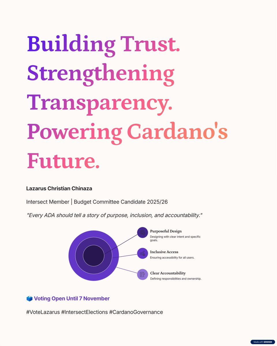 ChrisXTRADER's tweet image. Transparency. Accountability. Inclusion.
My pitch for the Intersect Budget Committee: focused on turning Cardano’s treasury into a tool for impact and trust.
Vote Lazarus Christian Chinaza before Nov 7
members.intersectmbo.org/dashboard/voti…
#Cardano #IntersectElections #VoteLazarus