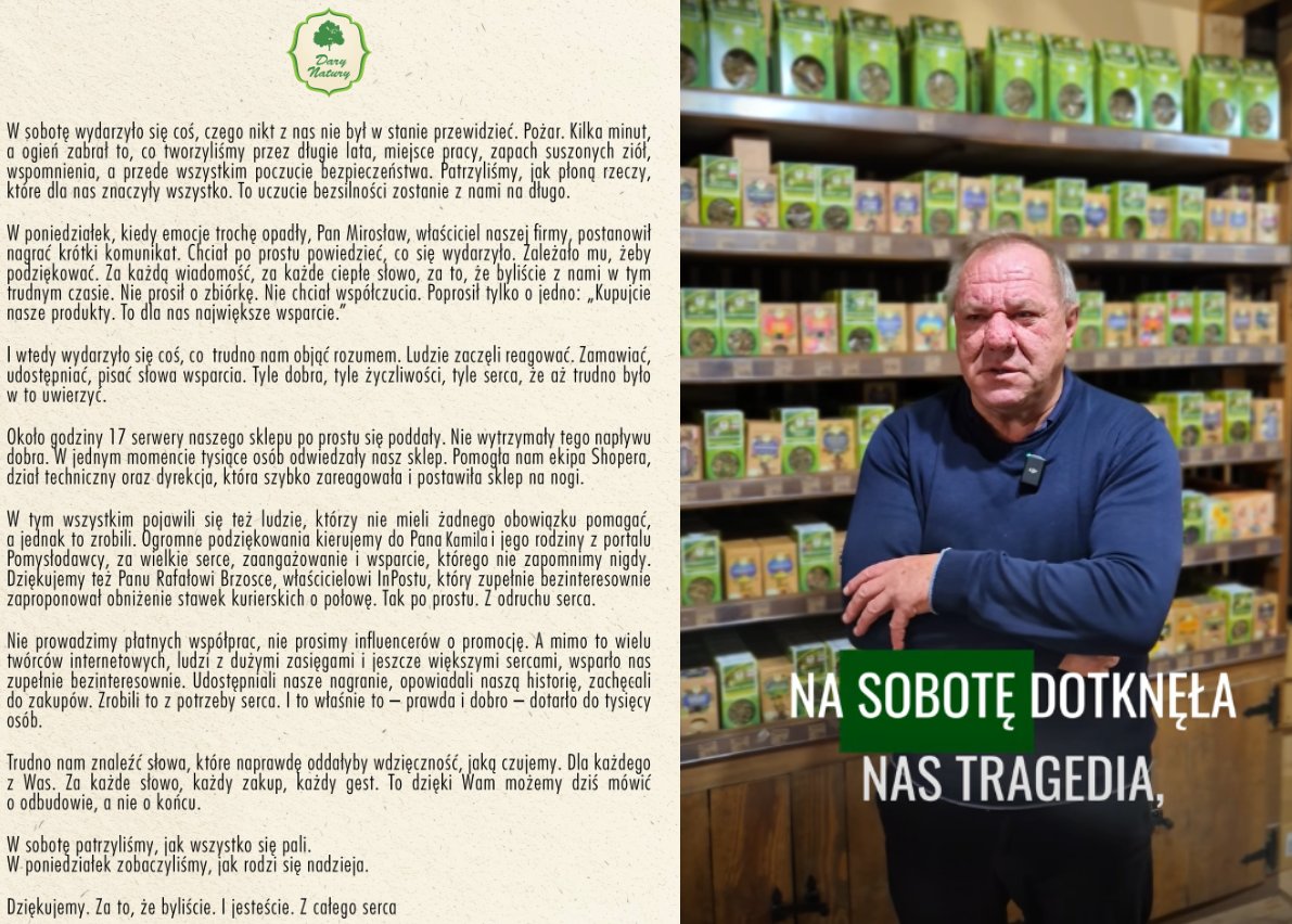 Ludzie są cudowni! W polskiej filmie Dar Natury wybuchł pożar, przyczyny są ustalane, patrząc na ilość ostatnich pożarów, można podejrzewać wiele.

Zniszczeniu uległy zbiory herbat i przypraw, a także maszyny produkcyjne, pomieszczenia biurowe, część mieszkalna oraz auto.