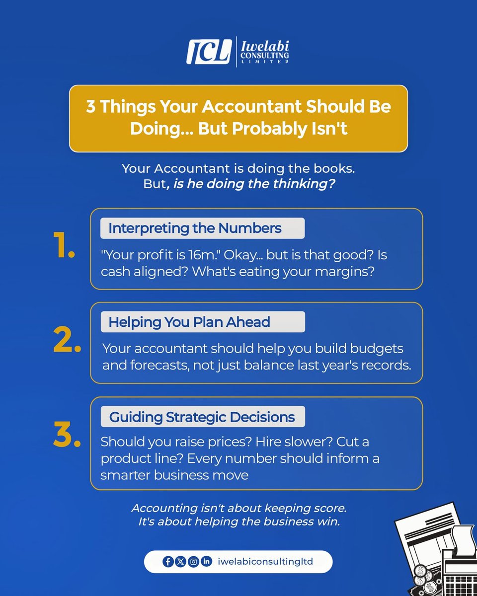iwelabiconsult's tweet image. Your accountant might be keeping the books...
But who’s keeping your business future in check? 

Accounting isn’t about keeping score. It’s about helping the business win.
#ICL #BusinessGrowth #AccountingTips #FinanceForLeaders #SMEFinance #Strategy #Leadership #FinancialClarity