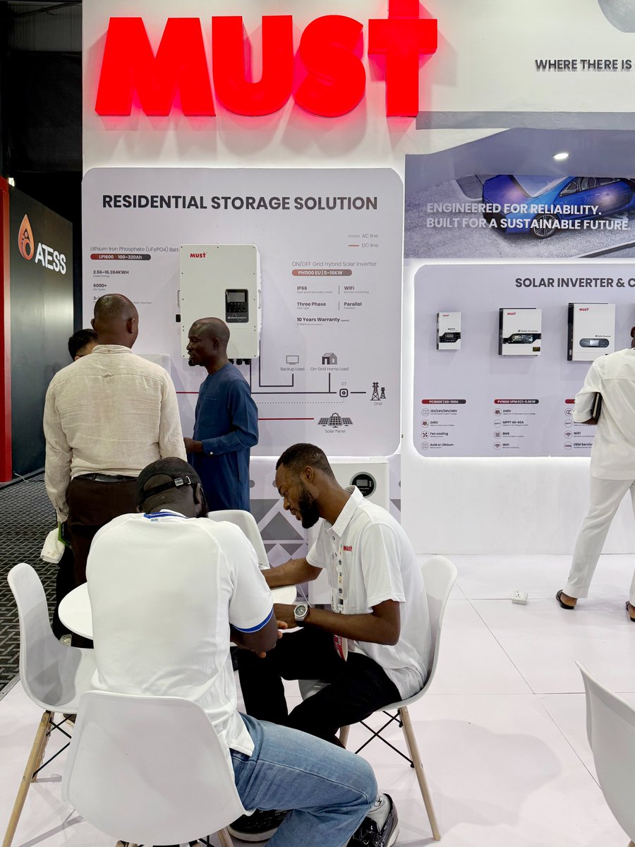 must_power's tweet image. Day 1 of the Nigeria Energy is heating up at booth 1.C19! 🔅 Visitors are excited to explore our solar-hybrid systems, designed to stabilize the grid, alongside smart, scalable lithium-ion storage. Let&apos;s shape it together!  #SolarHybrid #LithiumStorage #RenewableNigeria