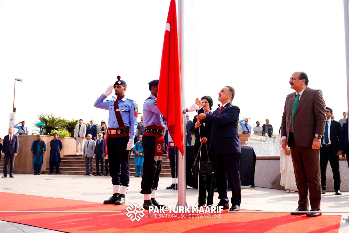 PakTurkMaarif's tweet photo. A proud moment of unity and celebration! 🇹🇷🇵🇰 

Flag Hoisting Ceremony on the 102nd Republic Day of Türkiye was gracefully led by H.E. İrfan Neziroğlu, Turkish Ambassador to Pakistan, and Rana Mashood Ahmad Khan, Chairman of the PMYP, together with the students of PTMISC. https://t.co/YhagwFzjvC