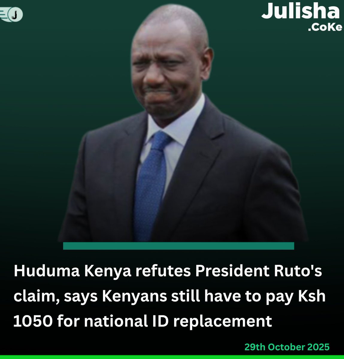 Huduma Kenya refutes President Ruto's claim, says Kenyans still have to pay Ksh 1050 for national ID replacement