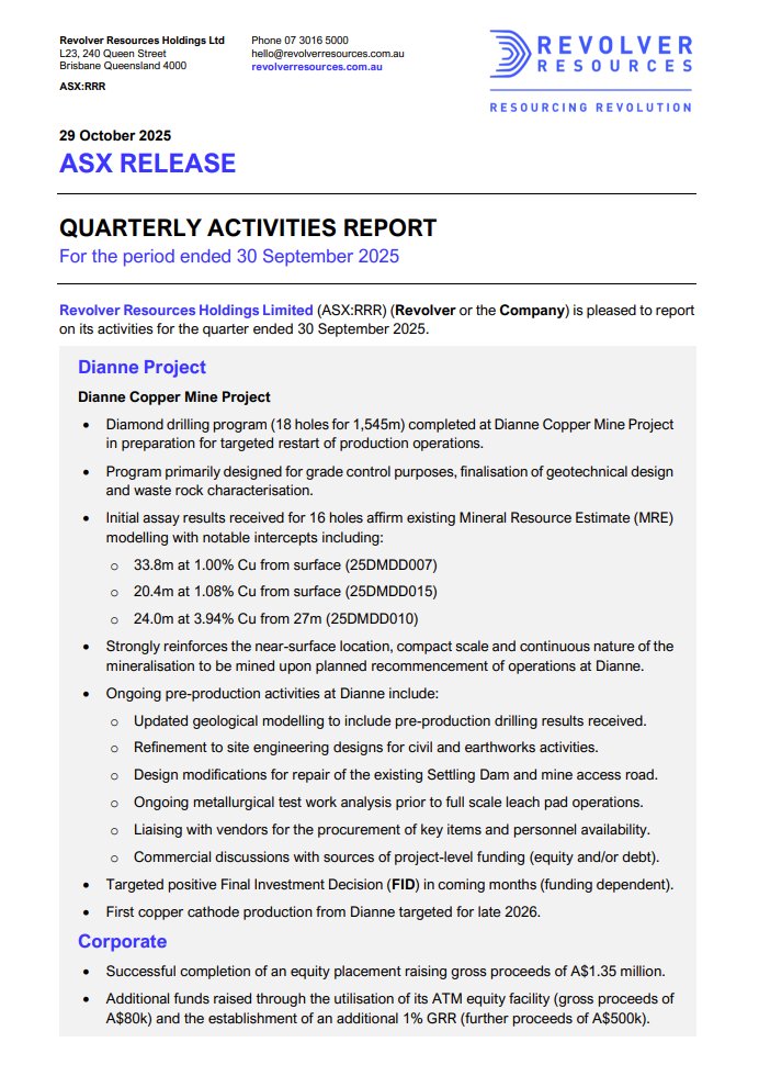 SepQ Update: Drilling at Dianne Copper Mine Project confirms our MRE, with pre-production activities advancing toward targeted FID in the coming months and first copper cathode in late 2026, subject to project funding: bit.ly/4oLiEdL

$RRR #RevolverResources