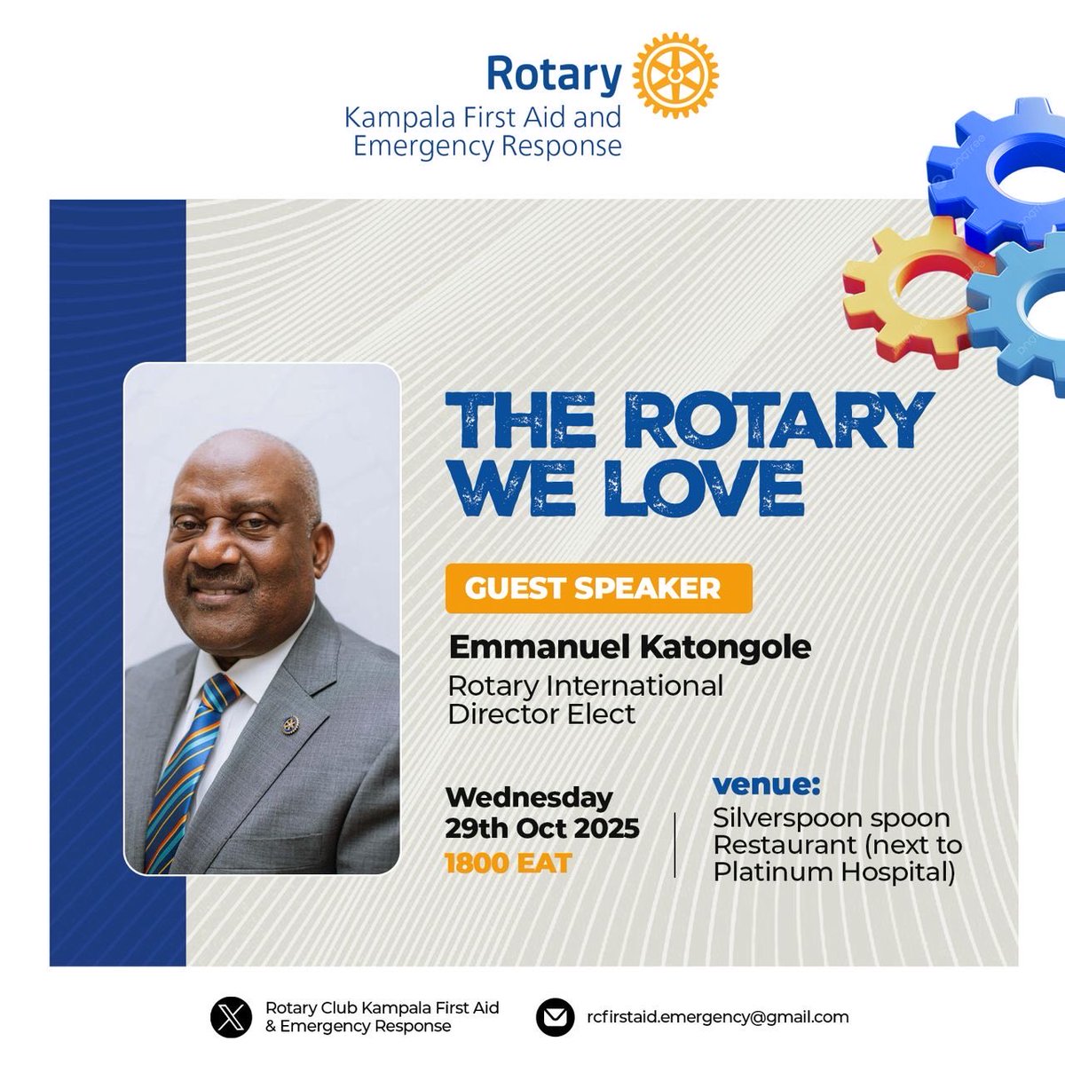 THE ROTARY WE LOVE❤️
Excited to host R.I Director-Elect Emmanuel Katongole this Wednesday!
🗓Oct29 |🕕 6PMEAT|📍Silverspoon Restaurant.Join us for an inspiring evening of service &amp; leadership!
#Rotary #RotaryInternational #RotaryEyamba #RotaryClubKampalaFirstAid #TheRotaryWeLove