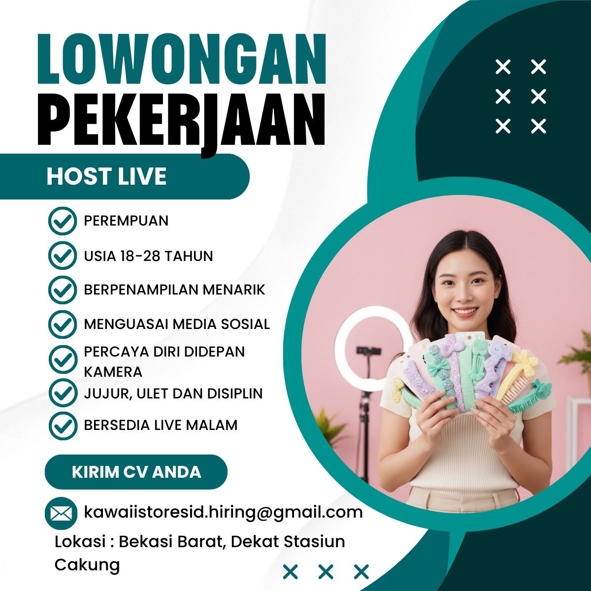 sarimuftyUK's tweet image. 📢 Lagi cari kerja? Yuk gabung bareng kita
Kita lagi buka loker buat posisi Host Live

💁‍♀️ Syaratnya mudah kok:
– Cewek usia 18-28th
– Berpenampilan Menarik
– Jujur, ulet &amp;amp; disiplin

📍: Bekasi Barat 
📩 Kirim email: kawaiistoresid.hiring@gmail.com 

thankyouu
@hrdbacot #lokercot