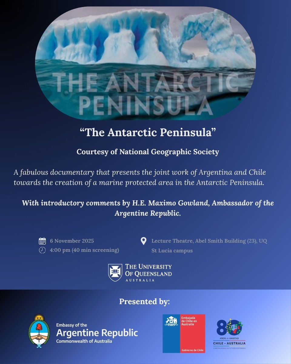 See  Antarctica like never before. ❄️🌊 Join us for the screening of “The Antarctic Peninsula” — a powerful film on 🇦🇷–🇨🇱 cooperation to protect the Antarctic environment.
 
With Introductory remarks by Argentine Ambassador, Maximo Gowland. Free admission