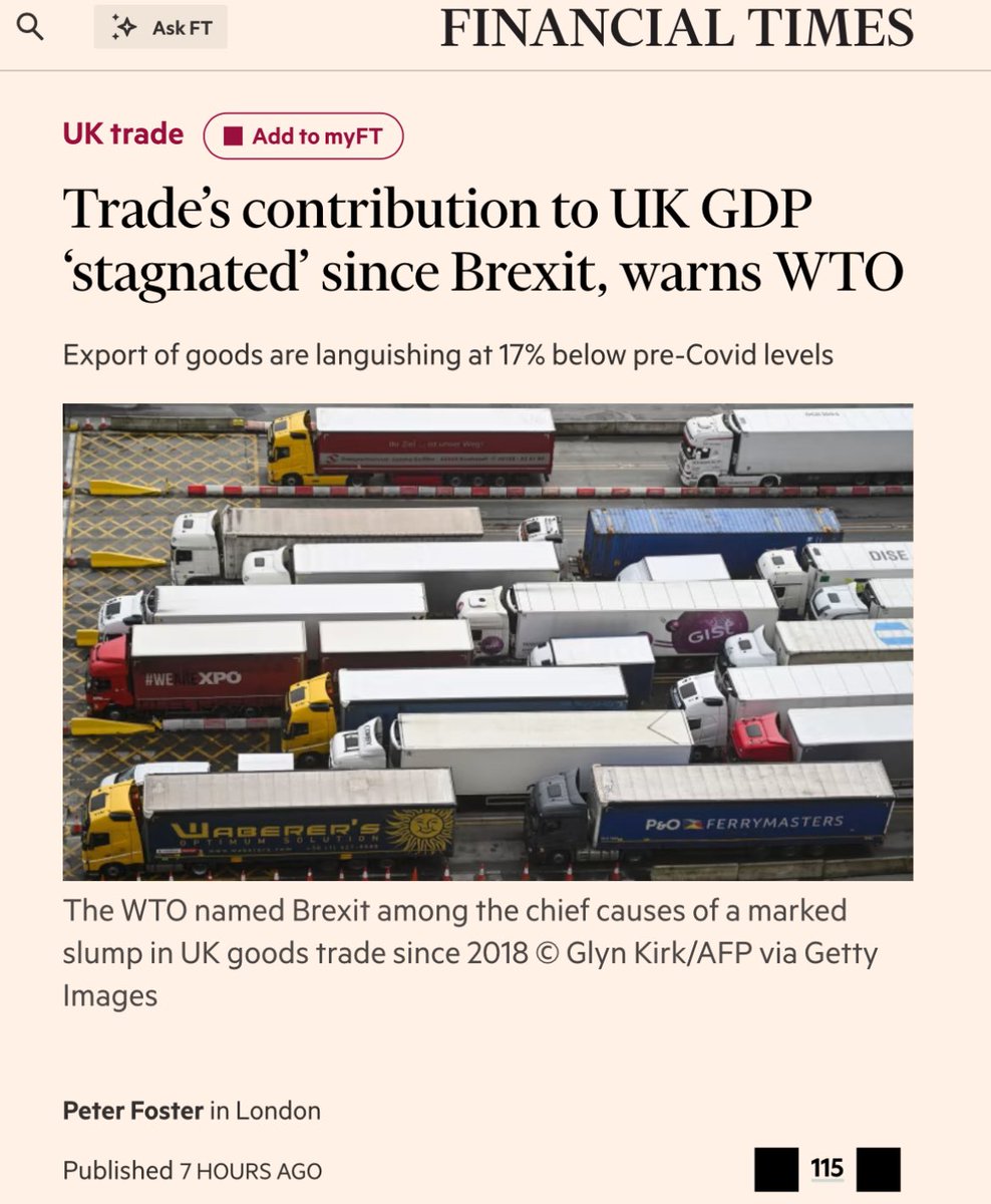 LizWebsterSBF's tweet image. WTO confirms Brexit is doing what remainers knew it would and more!

🇬🇧 UK trade has stagnated since Brexit.
📉 Goods exports 17% below pre-Covid.
💬 WTO names Brexit as a key cause.

Yet Starmer’s Brexit reset with the EU is forecast to claw back just 0.3% of GDP - against a 4%…