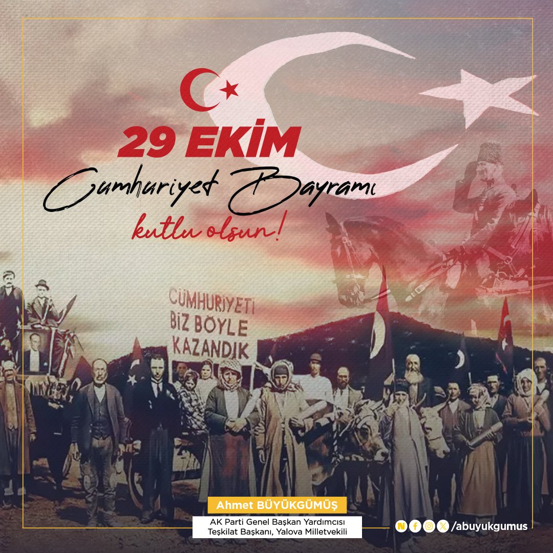 Aziz milletimizin bağımsızlık iradesiyle kurduğu Cumhuriyetimizin 102. yıl dönümünü büyük bir gurur ve coşkuyla kutluyoruz.

Türkiye Yüzyılı vizyonuyla, ecdadımızdan devraldığımız bu emanetin değerini koruyacak; daha güçlü ve daha müreffeh bir Türkiye için hep birlikte çalışmaya