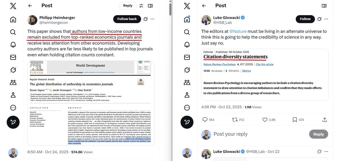 &gt; top academic journals don't want to publish work by authors in low-income (read poor, third-world) countries
&gt; Nature suggests authors make an effort to cite diverse (read poor, third-world) the sources academics cite
&gt; First -world academics: this will destroy the integrity of