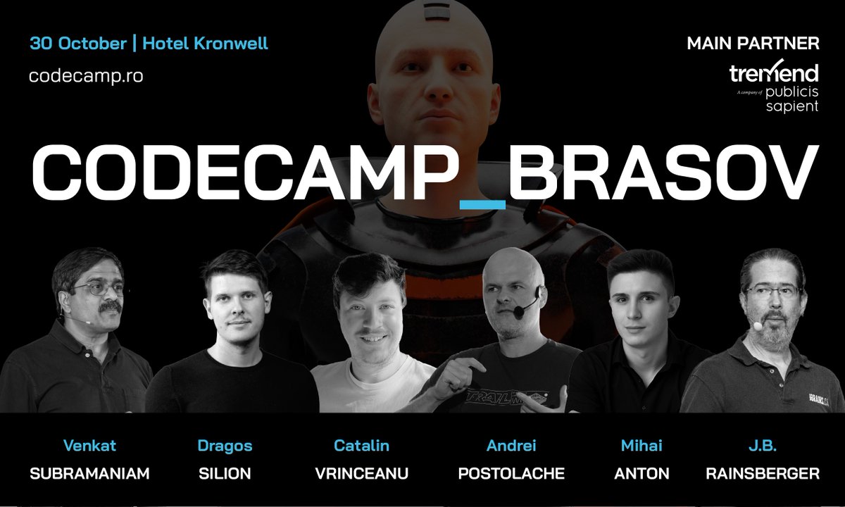 Codecampro's tweet image. Final countdown: Codecamp_Brasov is tomorrow. 

Join us on October 30th at Hotel Kronwell for a full day of top-tier tech insights from Venkat Subramaniam, Dragoș Silion, Catalin Vrinceanu, Andrei Postolache, Mihai Anton, and J. B. Rainsberger!

codecamp.ro/conferences/co…