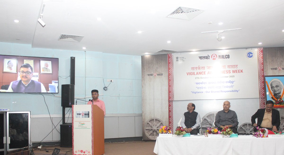 NALCO_India's tweet photo. The observance of #VigilanceAwarenessWeek2025 commenced at #NALCO’s Corporate Office, #Bhubaneswar, with an #IntegrityPledge ceremony. The pledge was administered by Shri P.K. Sharma, Director (Production); Dr T.K. Pattanayak, Director (HR); and Shri A.K. Behuria, Director (Finance). On the occasion, Shri P.J. Nath, CVO, conveyed his message to employees and associates, emphasizing the importance of #Integrity, #Transparency, and #EthicalGovernance in all endeavours. @kishanreddybjp @satishdubeyy @MinesMinIndia @DPE_GoI @mygovindia @CVCIndia #Accountability #EthicalGovernance #TeamNALCO