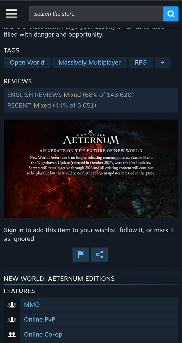 New World is no longer avaliable to buy on Steam.
The only image is this notice about maintenance.

The devs worked extremely hard to create a great game, yet corporate greed and an obsession with soulless AI, over human art, kills again.

Suits don't care about games. Devs do