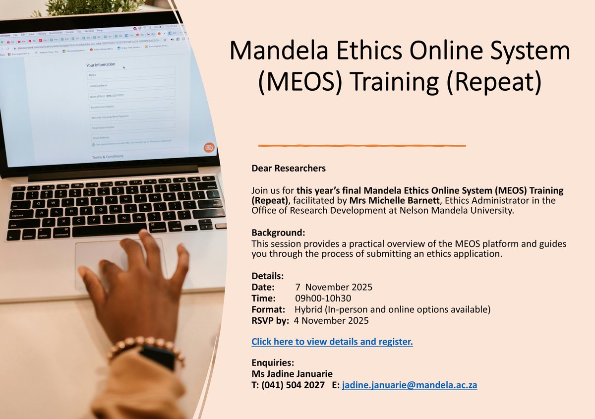 #RESEARCH - 7 November 2025 Mandela Ethics Online System (MEOS) Training (Repeat)  

For more information contact jadine.januarie@mandela.ac.za 

Click here to view details and register: rd.mandela.ac.za/RD-Workshops/C…
