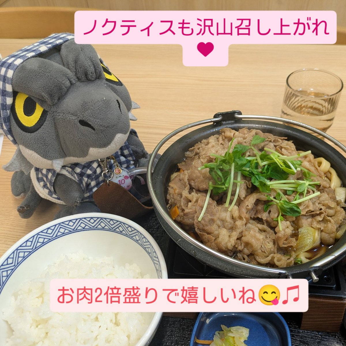 #MonsterHunter
#ミラボレアスのノクティス
#モンハン                        
 #ミラボレアス                                
 #ぬい活
#ぬいぐるみの時間
今日は、肉の日。パートナーと夜飯肉食って来たぜ。