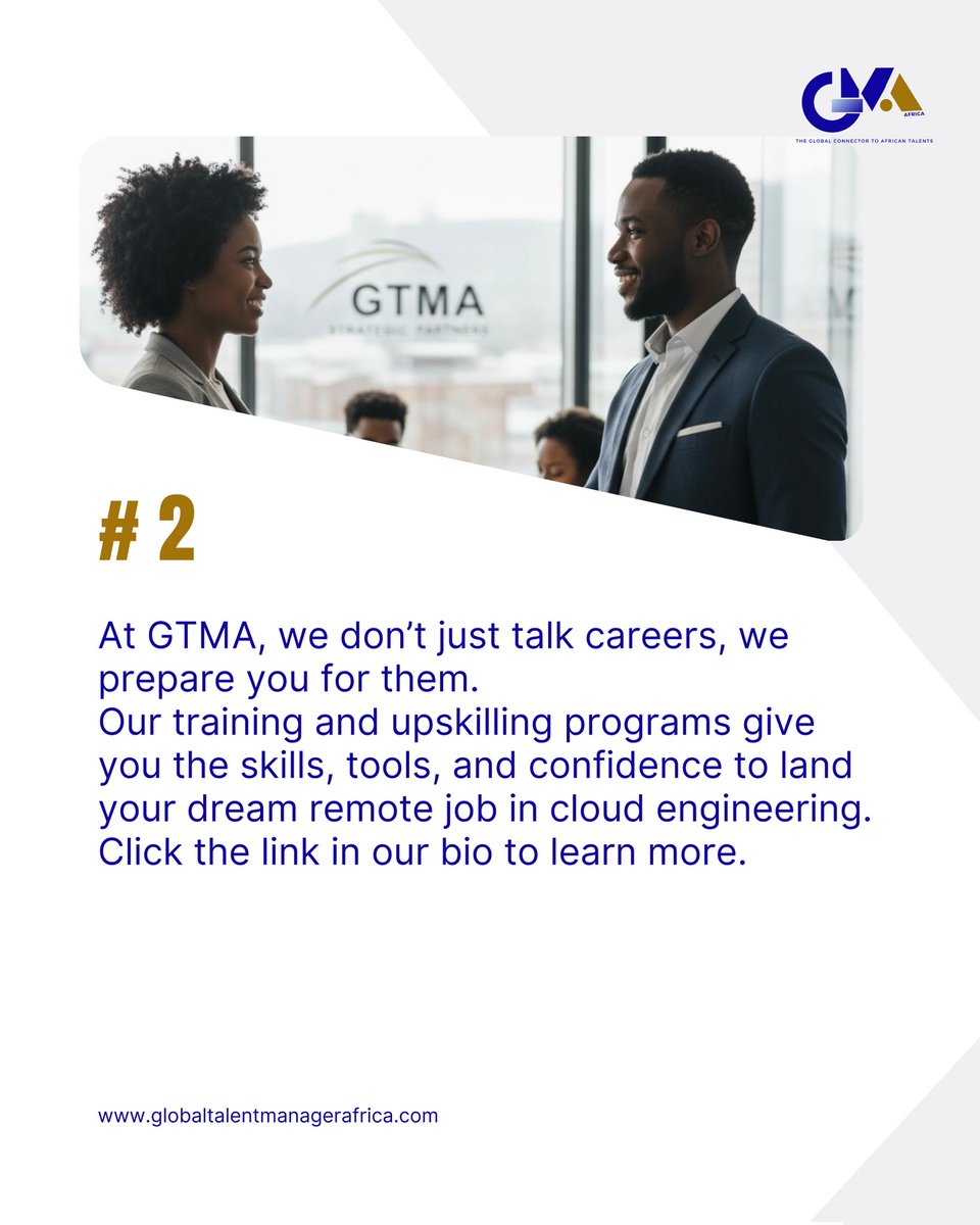GTMAFRICA's tweet image. At GTMA, we equip African talent with the skills, tools, and confidence to take on these roles, whether remote, hybrid, or onsite. 

Click the link in our bio to start your journey today.

#awscloudengineer #awscloud #globaltalent #globalhire #gtmajobs
