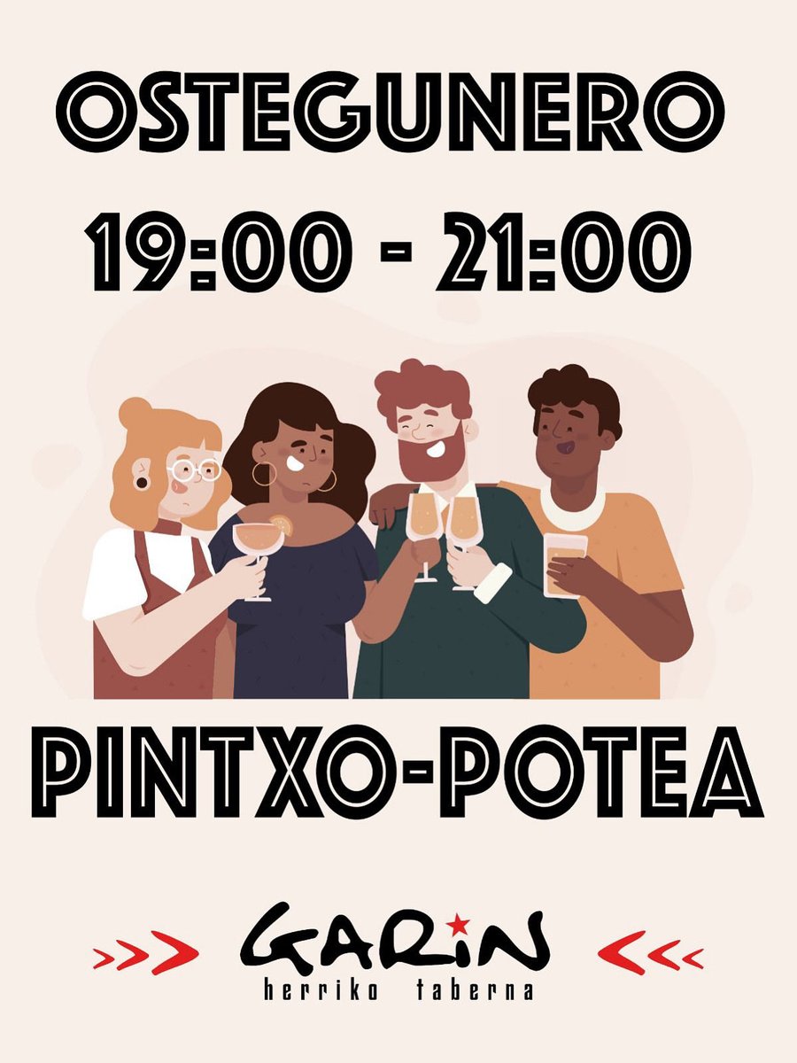 🍢 𝗢𝗦𝗧𝗘𝗚𝗨𝗡𝗔𝗞 𝗚𝗔𝗥𝗜𝗡𝗘𝗡‼️

Ostegunero, 19:00etatik 21:00etara pintxo-potea izango dugu Garin Herriko Tabernan. 

🎉 Etorri lagunekin, gozatu giro onean eta dastatu gure pintxo-pote goxoez. Ostegunak goxatzeko beste modu bat.