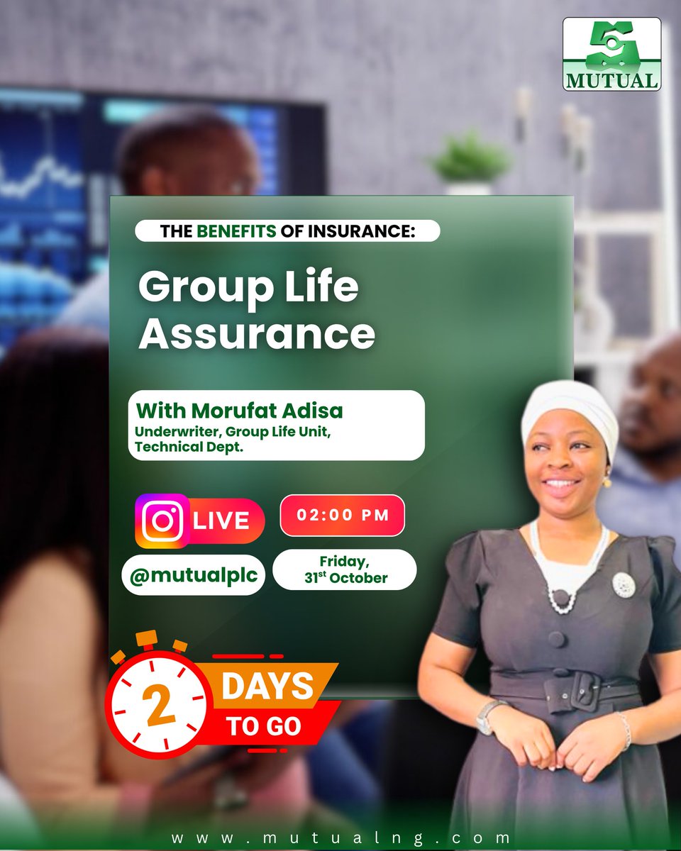 MutualPlc's tweet image. Tune in this Friday, 31st of October of a live on the Benefits of Group Life Assurance with Morufat Adisa!

Live on Instagram at 2pm!

Learn about the Benefits of Insurance with MUTUAL BENEFITS!

#mutualdelights #mutualbenefits  #benefitsofinsurance #Nigerianinsurance