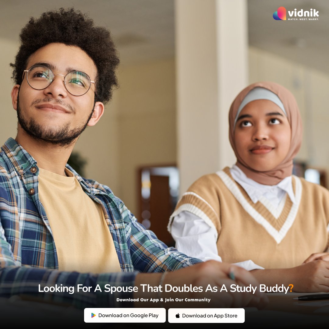 Vidnikapp's tweet image. The only study buddy that matters this year is your spouse.💍

#StudyBuddy #VidnikApp #MuslimMatchmaking #FindYourSpouse #UniLife #HalalMarriage