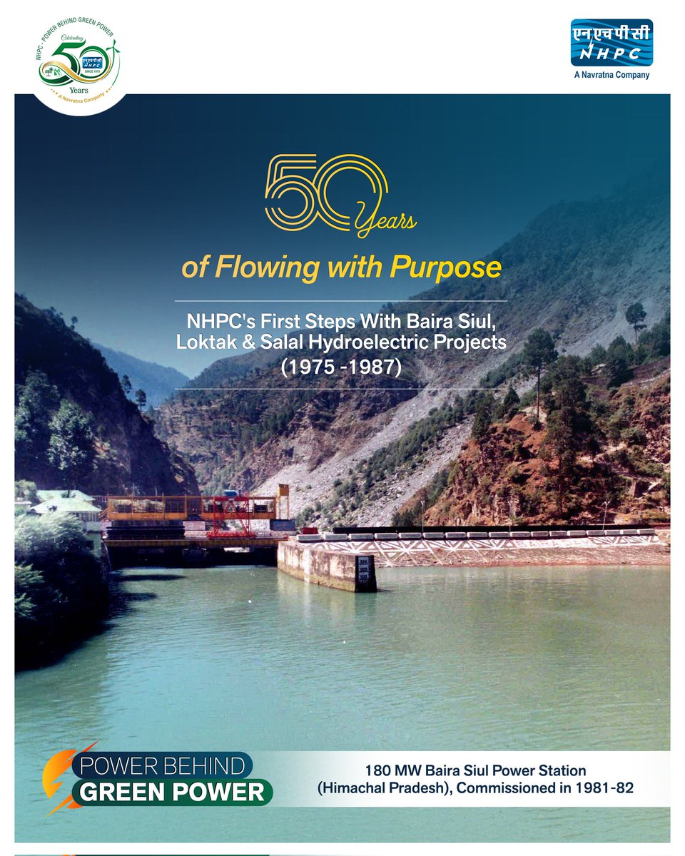 nhpcltd's tweet image. Where the Journey Began:
From Baira Siul’s streams to Loktak’s lakes and Salal’s mighty flow. #NHPC’s story began where rivers met a dream. Five decades later, that current of purpose still powers India forward.
#NHPCAt50 #50YearsOfProgress #PowerBehindGreenPower #HydropowerIndia…