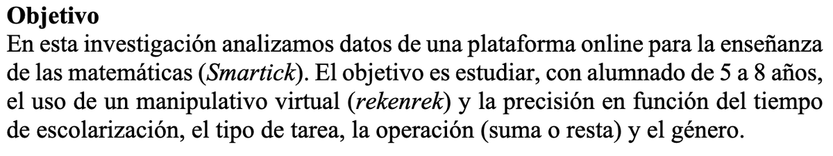 🥳
Nuevo trabajo en PNA (2025) con mi querido <a href="/carlosyedma/">Carlos de Castro</a> : ¿Hay diferencias de género al usar manipulativos virtuales en aritmética (5–8 años)? Estudio amplio con tareas online.
>
