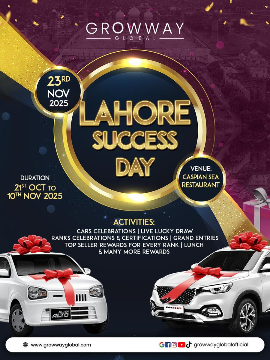 ShabbirSha9594's tweet image. BIG CELEBRATION IN LAHORE! 
Grow Way Global proudly celebrates 2 new Car Achievers — another powerful step toward our CEO Sir Ajmal Lashari’s vision of 100 Car Achievers across Pakistan! 🇵🇰
#GrowWayGlobal #CarCelebration #LahoreEvent #AjmalLashari #2CarAchievers #SuccessJourney