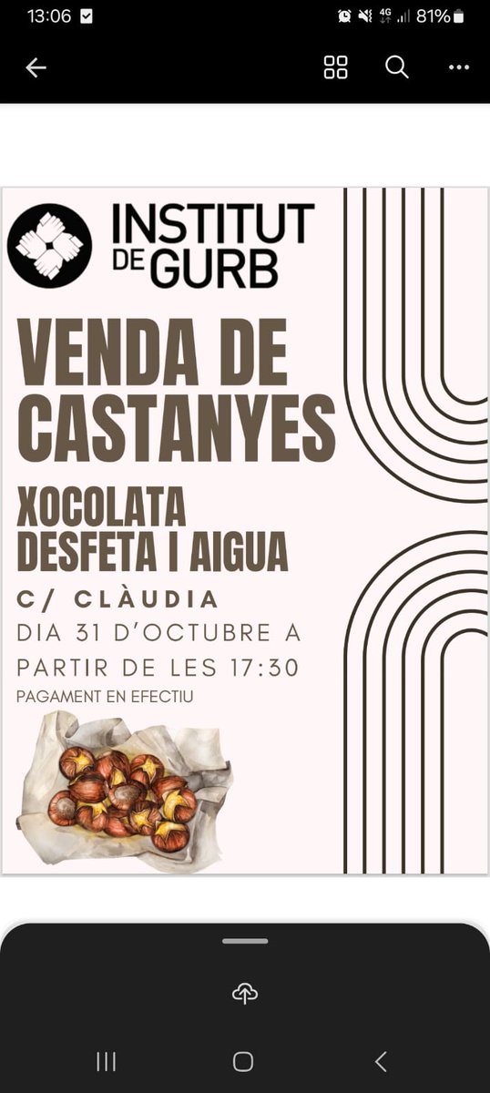 Aquesta setmana l'alumnat de 4t s'està organitzant per tenir la venda de castanyes, xocolata desfeta, aigua... ben a punt. 🌰 ☕️ Us esperem divendres 31 a partir de les 17:30 al carrer Clàudia... 📆📍Ah! El pagament haurà de ser en efectiu! 💶 #valorsdelPEC #viatgefinalcurs