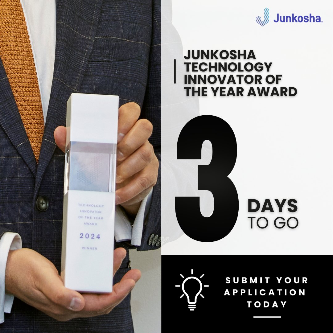 Final 72 hours to apply.

Showcase your innovation to an expert panel.

Deadline: 31 Oct.

Apply here: junkosha.com/en/news/awards

#EnablingInnovators #JunkoshaAwards
