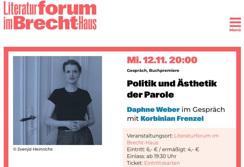 Freue mich sehr auf diese Diskussionsveranstaltung am 12.11. um 20 Uhr im Literaturforum im Brecht-Haus: Hot Takes zur Parole 🌶️, free Sekt 🥂 und kluge Fragen von <a href="/k_frenzel/">Korbinian Frenzel</a> 👌