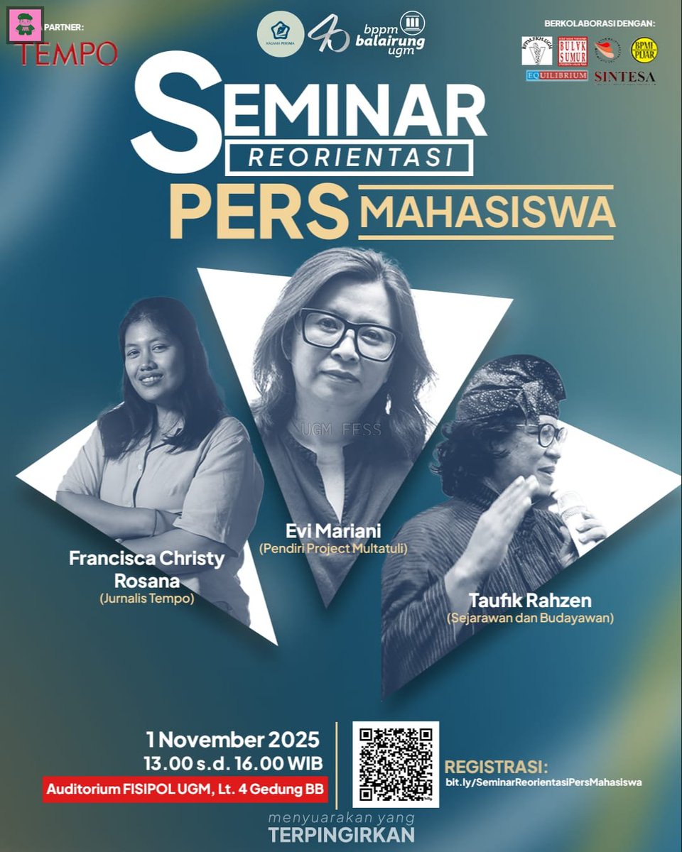 UGM_FESS's tweet image. Eh eh eh yujiem! Ad ap tuch? 👀👀 Apalagi klw bukan SEMINAR REORIENTASI PERS MAHASISWAAAA. Buat yang lagi selow tanggal 1 November besok jgn lupa join guyssss tamu undangannya keren-keren loh kapan lagi ketemu MBAK CICAA??? TAUFIK RAHZAN?? EVI MARIANI??? Gas daftar skrg!!