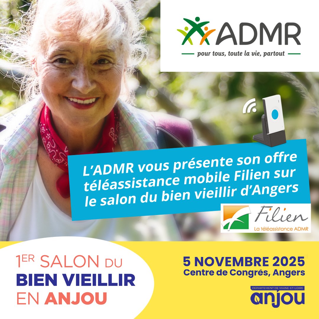 L’#ADMR49 sera présente avec @FilienADMR au Salon du Bien Vieillir à Angers ce mercredi 5 novembre.

Venez échanger sur nos solutions pour bien vieillir chez soi : accompagnement, autonomie, téléassistance 💚

#BienVieillir #Angers #AideADomicile #Autonomie #Téléassistance