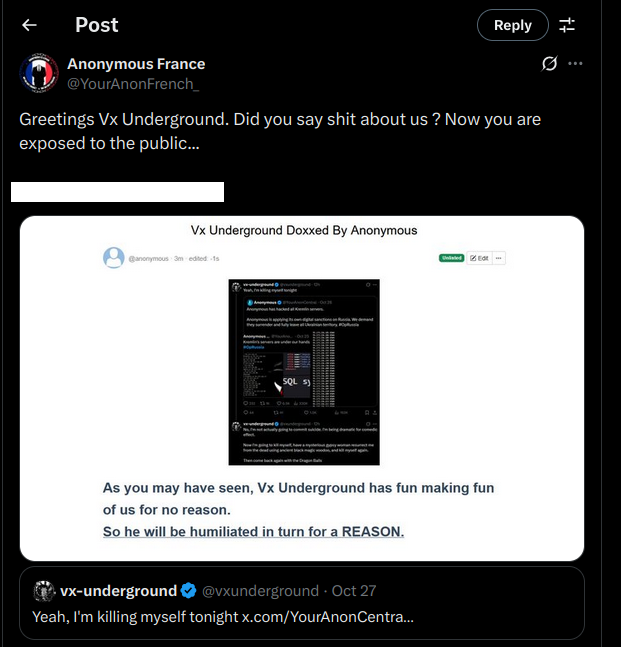 EvilRabbitSec's tweet photo. Imagine being so butt hurt that you tried &amp; failed to dox VX Underground. You only proved you're an emotional clown who couldn't hack your way out of a HTB room where the user:pass is admin:password

And welcome to tech twitter, liars and skids aren't tolerated much. https://t.co/p3N4ATSGDC