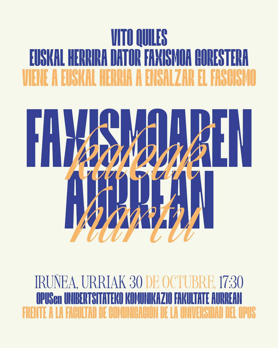Iruñean, Vito Quiles faxistaren probokazioari aurre egitera deitu dute

Bihar, 17:30ean, Opusaren unibertsitateko Komunikazio Fakultate aurrean biltzera deitu dute, 'Faxismoaren aurrean kaleak hartu' lelopean

🔗 gedar.eus/aktualitatea/i…